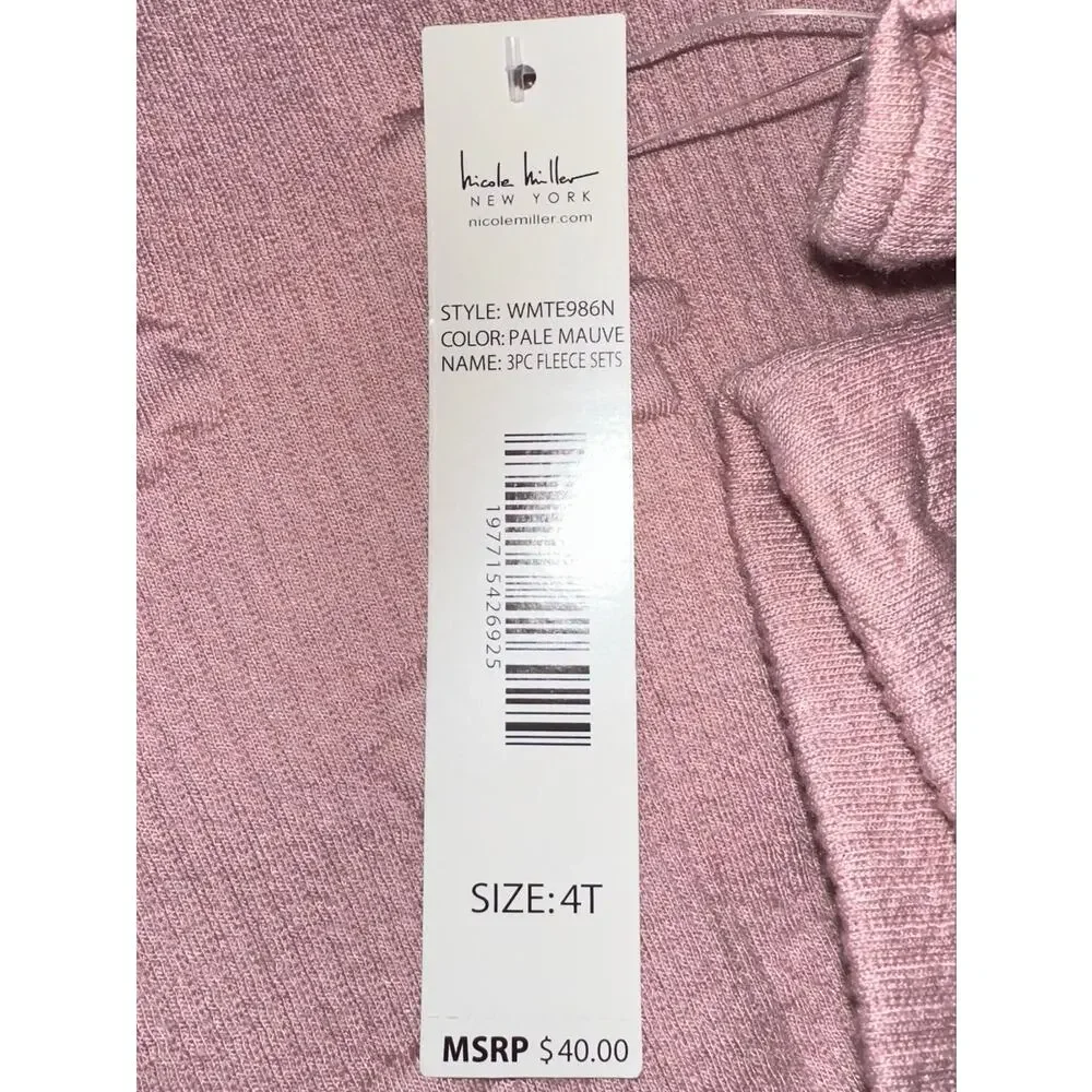 NWT Nicole Miller Girls Pale Mauve Pink Floral Ribbed Ruffle Fleece Top Size 4T